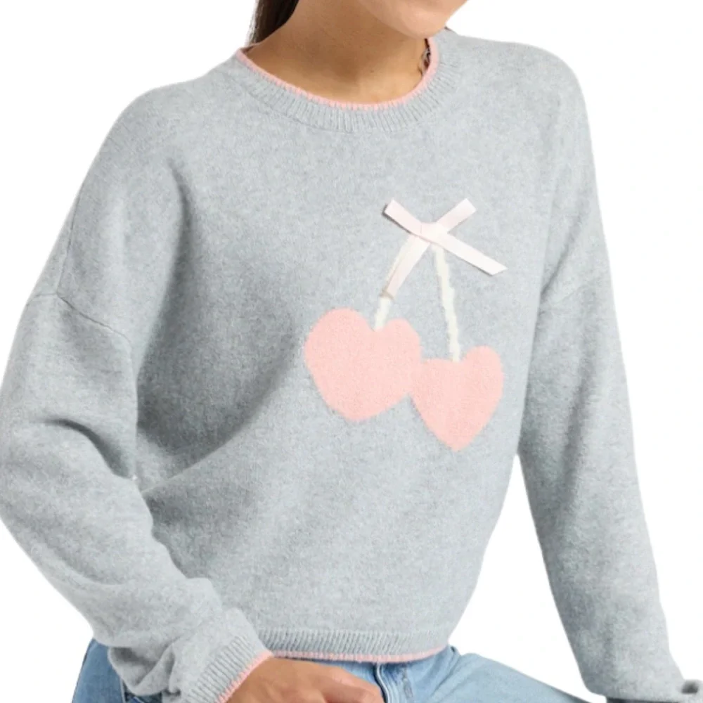 Pink Rose Gray Crewneck Sweater Hearts Cherries Size XL NWT Boxy Soft Girl - Picture 2 of 8